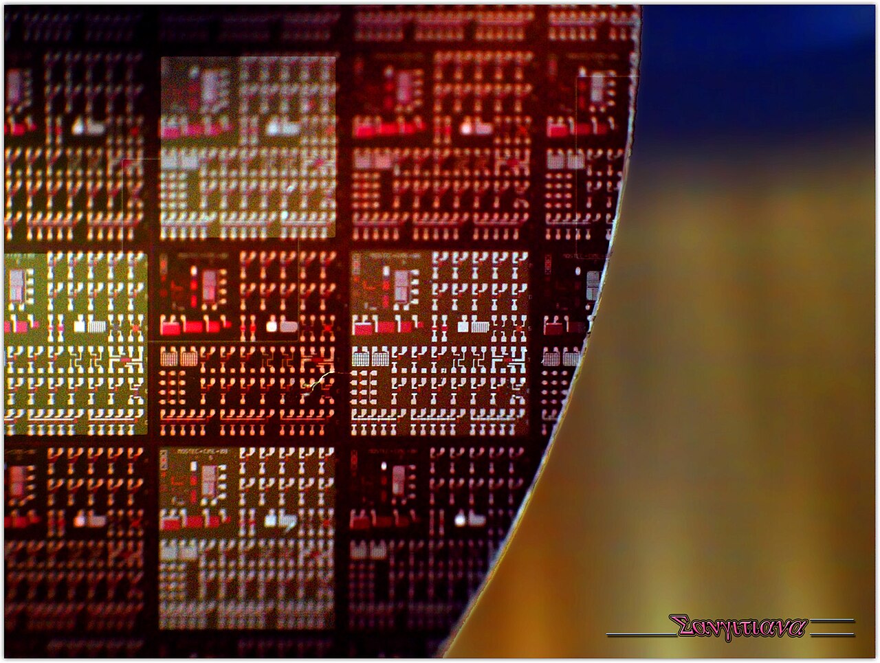 Uma lâmina de semicondutor refletindo luz colorida