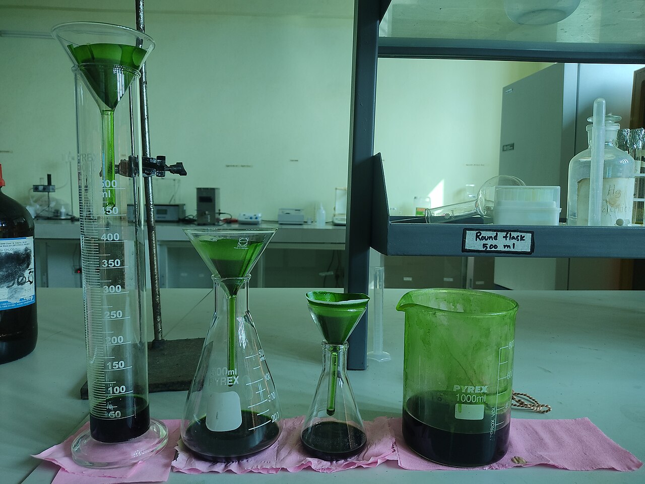 研究室で、緑色の薬用植物抽出物が紙で濾過されてガラスフラスコに入っている。