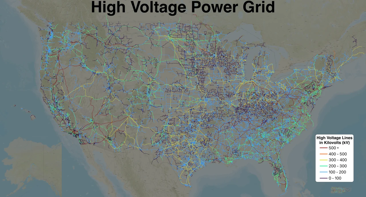Mapa da rede elétrica de alta tensão dos EUA