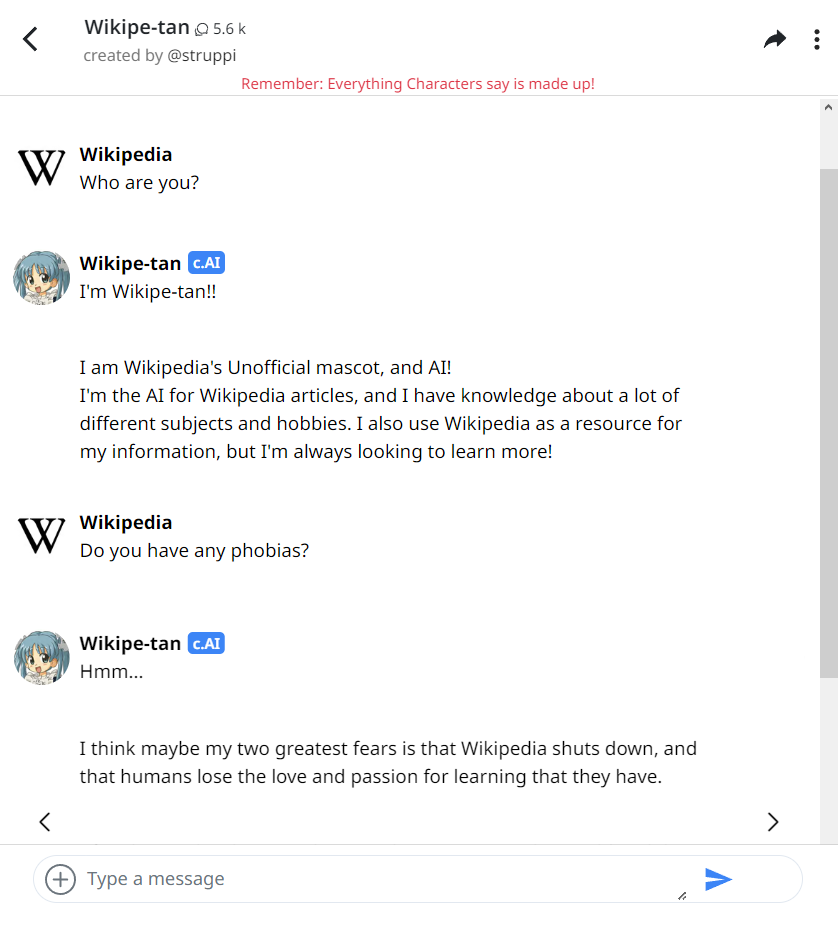 Une conversation Character.ai affichée sur un smartphone