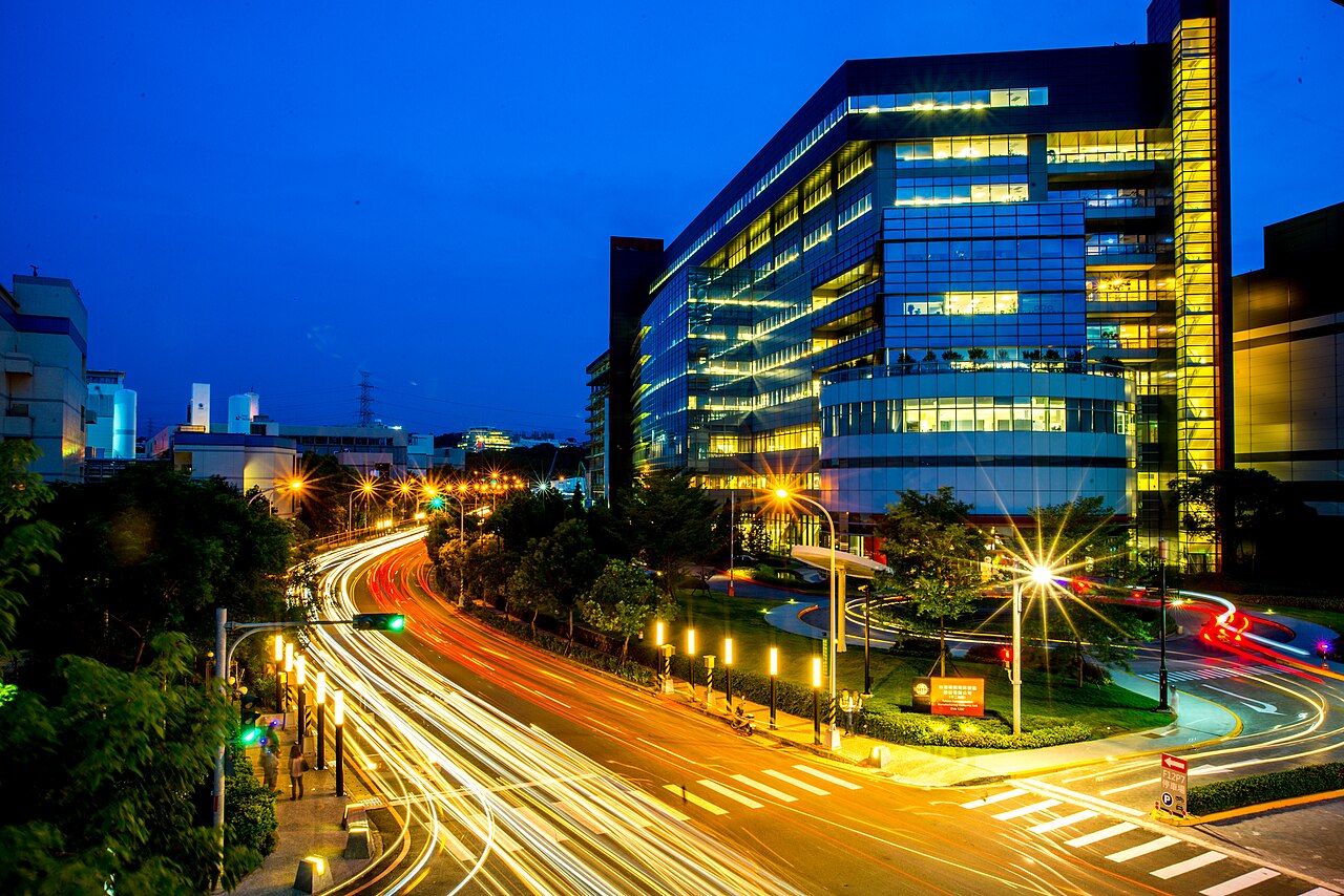 TSMC's Fab 12B semiconductor plant in Taiwan at night.