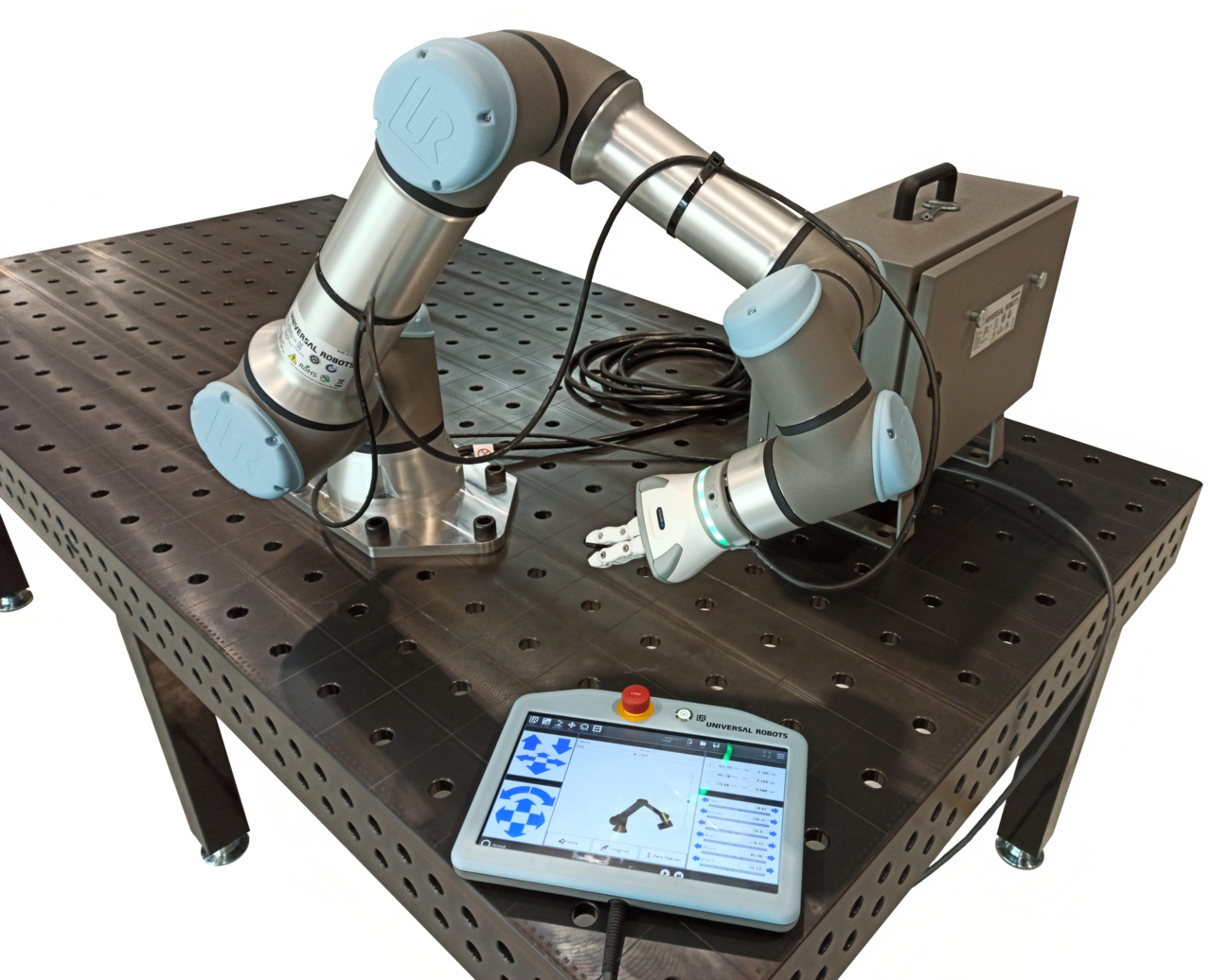 A Universal Robots UR16e robotic arm with its controller and teach pendant