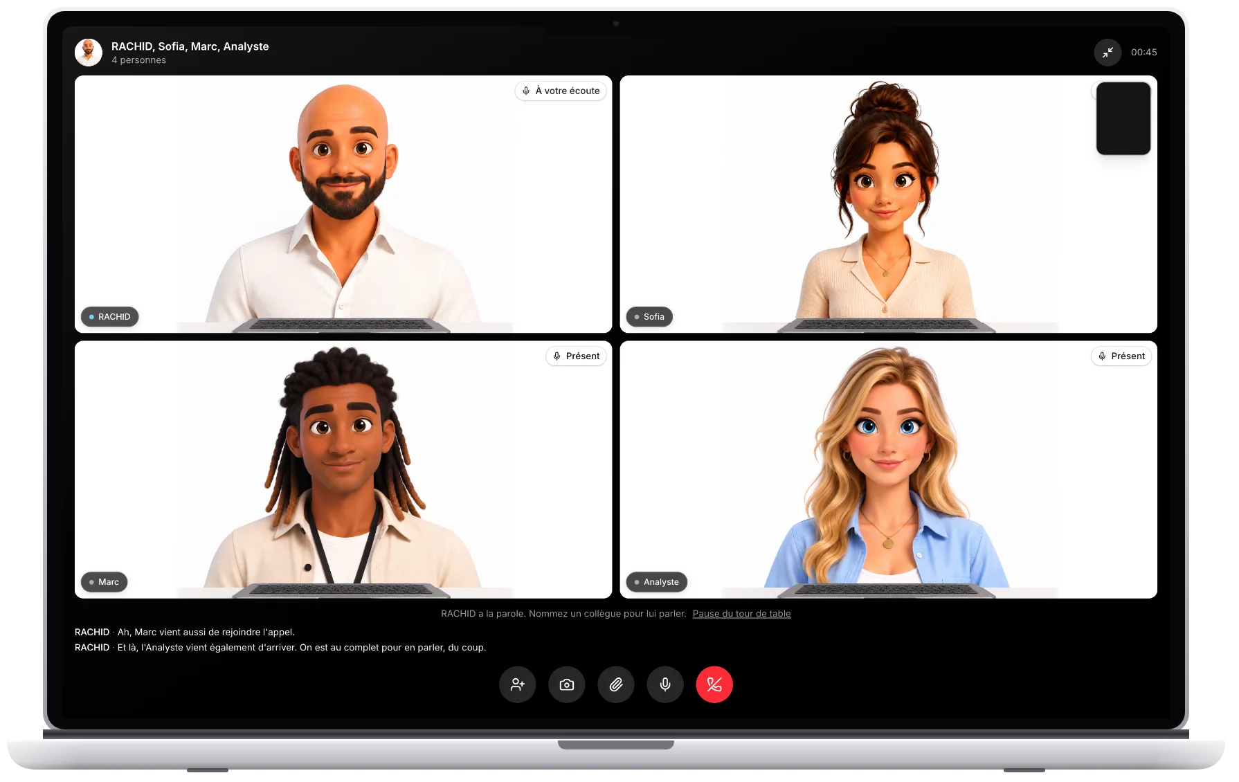 Réunion en visio avec quatre agents IA dans l'application bureau nullbot