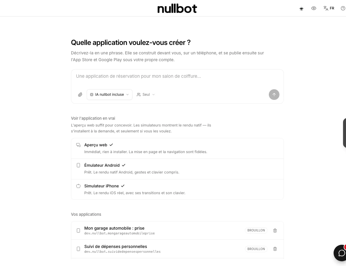 Das App-Studio von nullbot: das Feld, in dem Sie die App beschreiben, die drei Wege zum Ausprobieren (Web-Vorschau, Android-Emulator, iPhone-Simulator) und die Liste der laufenden Apps.