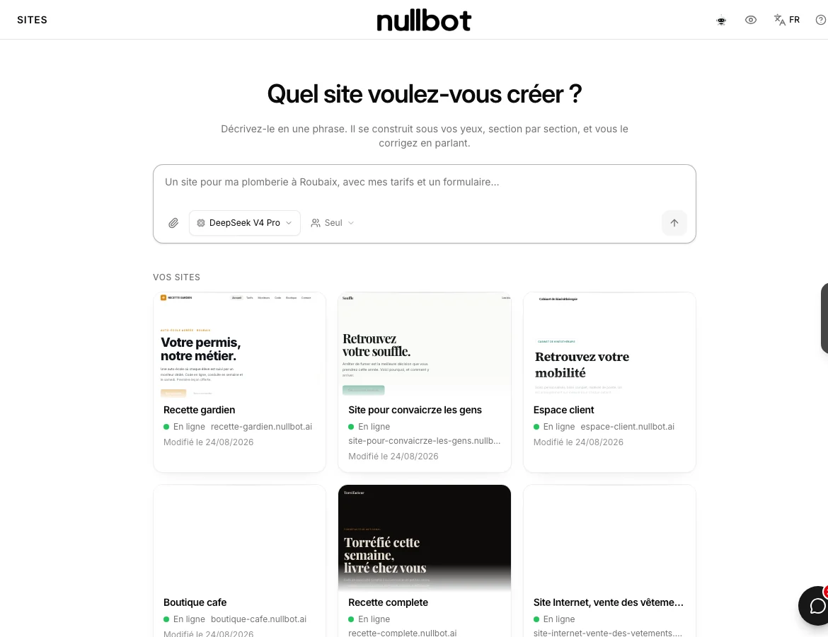Le studio de sites de nullbot : le champ où l'on décrit le site à créer, et en dessous les sites déjà en ligne avec leur adresse.